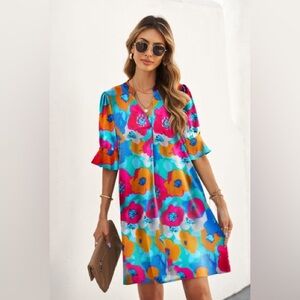 Boutique Vibrant Floral Dress with Puff Ruffle Sleeves Sleeves